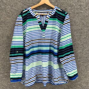 Talbots Blouse Women 3X Plus Blue Striped V-Neck Long Sleeve Pullover Casual